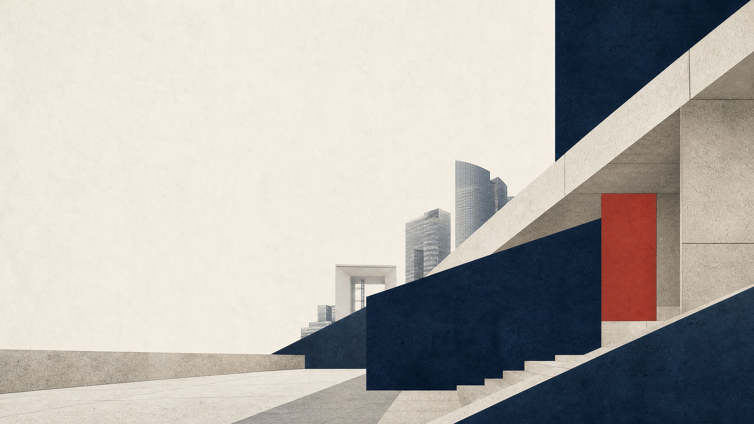 Composition architecturale abstraite en bleu encre et vermillon